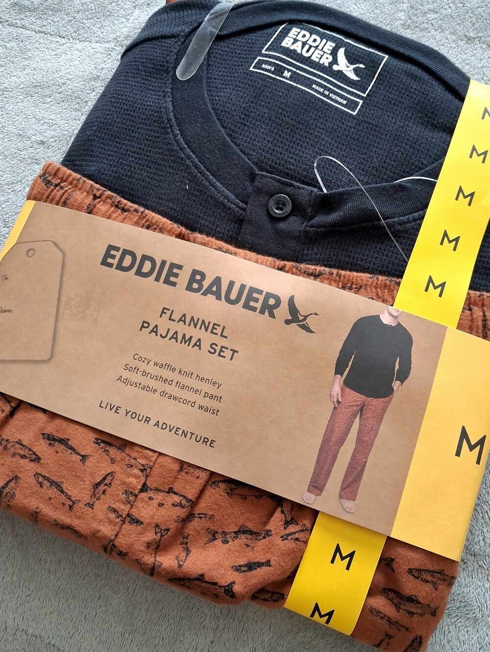 Eddie Bauer - Men’s Medium Flannel Pajama Set Fish Print Waffle Knit NWT